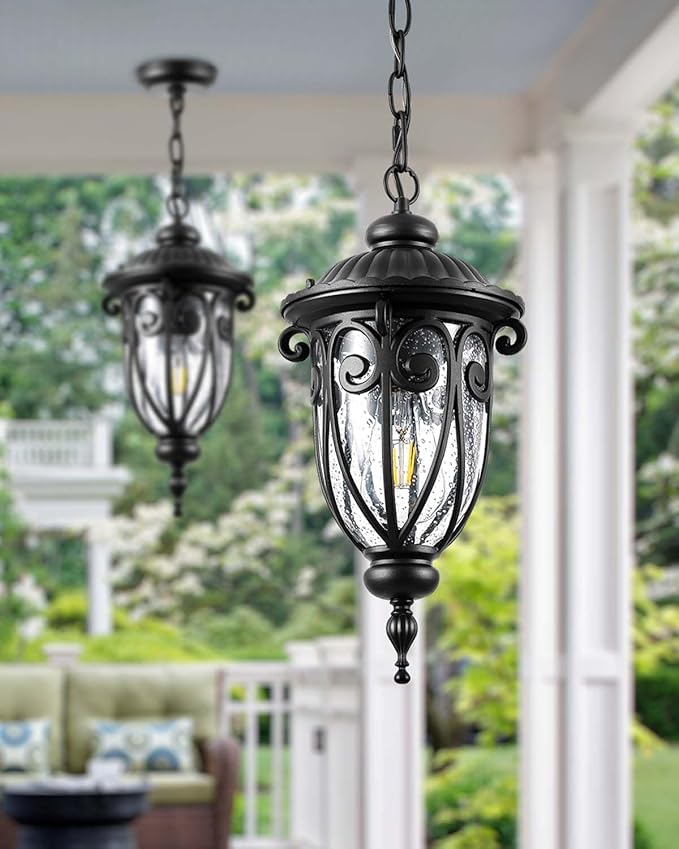 VIANIS Black Outdoor Pendant Light Lantern Modern Chandelier Handcrafted Hanging Lights with Seed Glass Outdoor Ceiling Lights for Porch House Doorway Garden Entryway