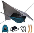 Camping Hammock with Mosquito Net and Rain Fly Tarp Portable Double Hammock with Two Tree Straps 230T Nylon Hammock and Waterproof Rain Fly Set for Hiking Backpacking Overnight (Blue)