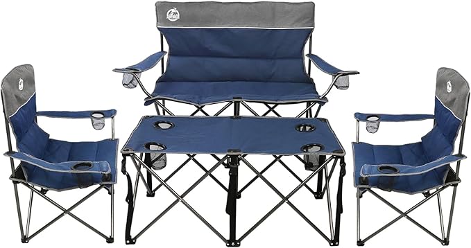 Northroad Folding Camping Chair Set of 4Portable Collapsible Conversation Set w/1 Sofa2 Single Chairs and 1 Table for Family PatioOutdoor TravelBeach(Blue)