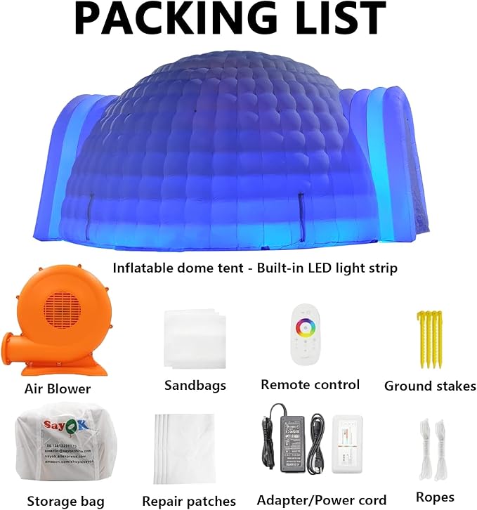 SAYOK Outdoor Portable Inflatable Igloo Dome Tent with Led Light for Party Wedding Event Camping
