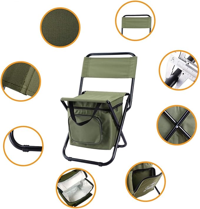 Folding Fishing Chair with Backrest Portable Outdoor Camping Seat and Insulated Cooler Bag Lightweight and Durable for Fishing Beach Picnic and Travel