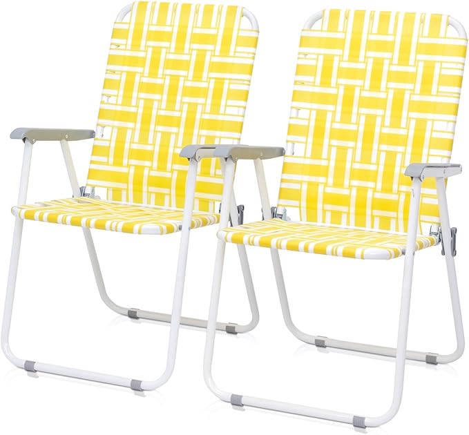 Set of 2 Patio Folding Lawn Chair Outdoor Beach Camping Webbed Folding Chair for Yard Garden (Yellow)