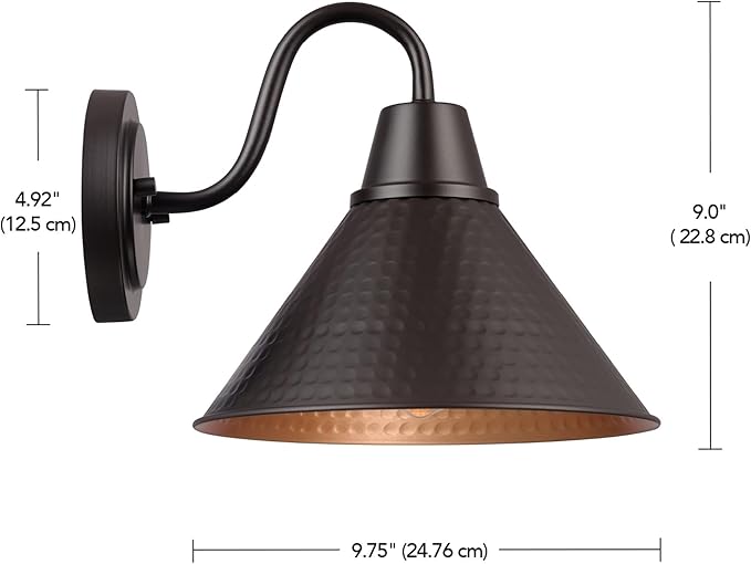Globe Electric 60000013 1-Light Outdoor Wall Sconce Bronze 9 Warehouse Shade Painted Gold Interior Gooseneck Stem Porch Light Wall Lighting Patio Décor