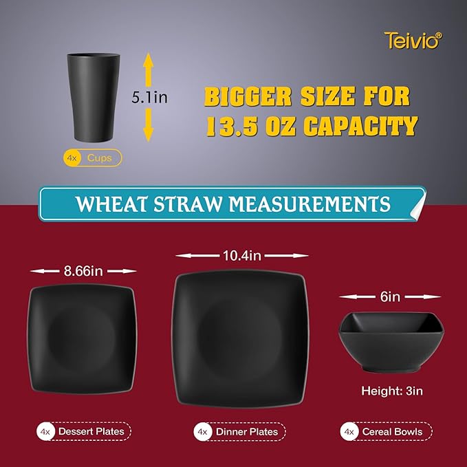 Teivio 16-piece Plastic Wheat Straw Square Dinnerware Set for 4 Unbreakable Dinner Plates Salad Plates Snack Bowls Tumblers 13.5 oz Dishwasher Safe Kitchen Outdoor CampingBlack