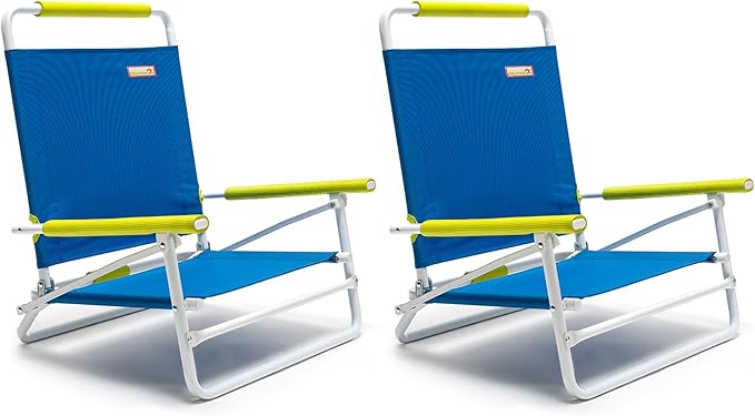 SunnyFeel Low Folding Beach Chair for Adults Lightweight Beach Chair Portable Camping Sand Chairs with Hard Armrest Supports 300lbs for Beach Lawn Concert