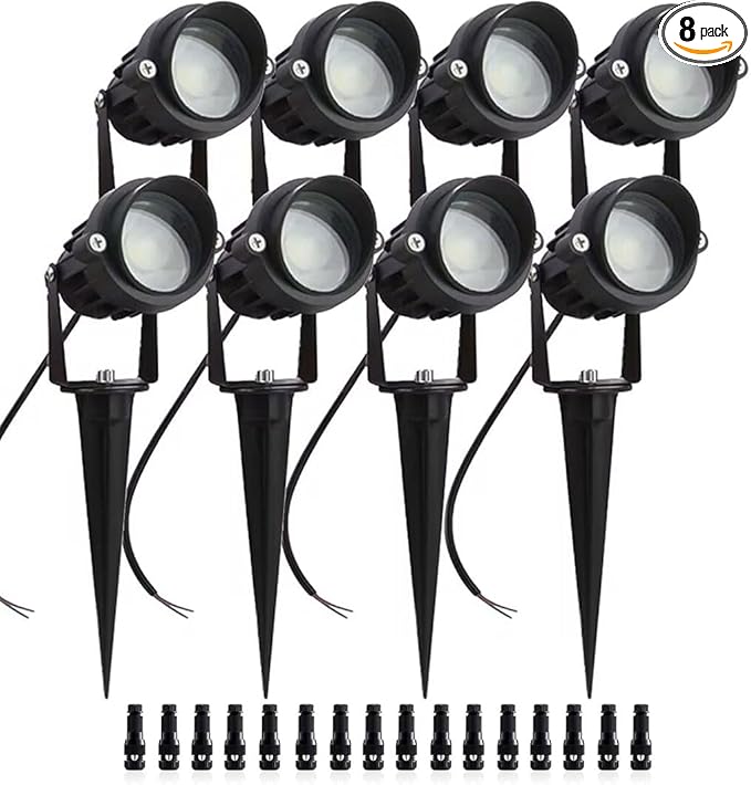 8Pack 5W Low Voltage Landscape Lights with Connectors Outdoor Lighting 24V AC/DC Focusing Lens LED Landscape Spotlights600LM Warm White Waterproof Outdoor Garden Yard Lights