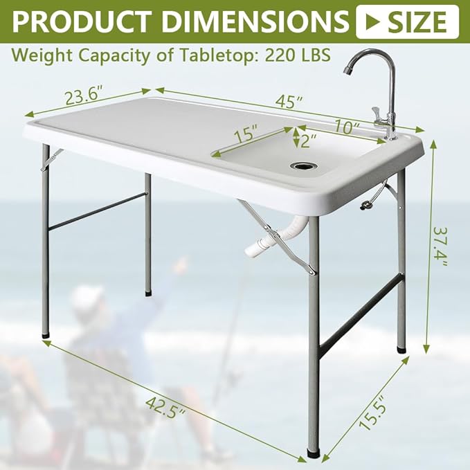 Folding Fish Cleaning Table with Sink – 4FT Portable Camping Sink &amp Fillet Station Outdoor Sink w/Faucet &amp Hose Hookup for Fishing Dock Beach Kitchen Patio Picnic