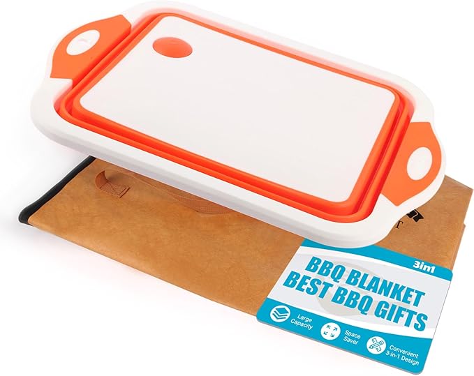 Collapsible BBQ Prep Tub &amp BBQ Resting Bag - Multi-Function Foldable Cutting Board BPA Free Portable Silicone Dish Bowl Leak Free Drain Hole for Meal Prep Marinating Food Storage(Orange)