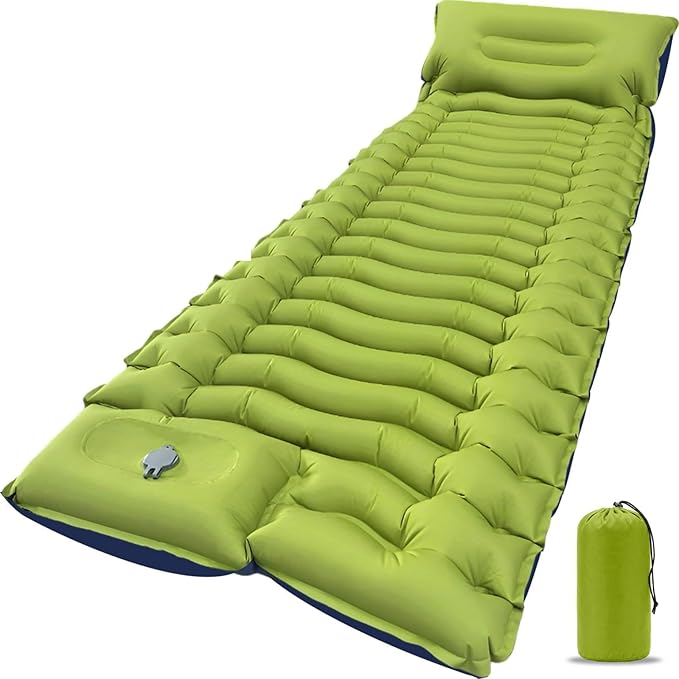Sleeping Pad Ultralight Camping Mattress with Pillow Built-in Foot Pump Inflatable Sleeping Pad Compact for Camping Backpacking Traveling Hiking Tent SingleGreen