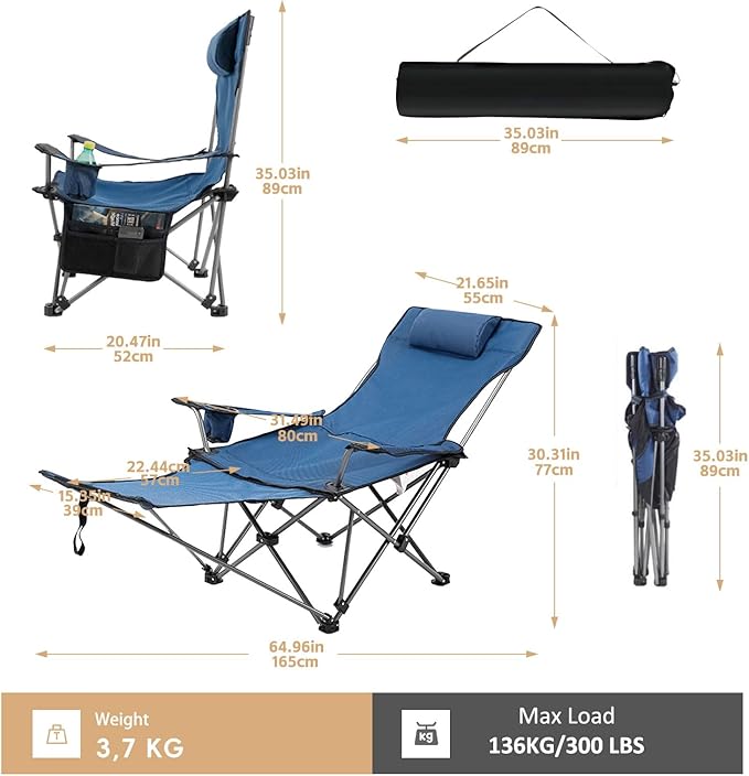 Reclining Folding Camping Chair with Removabel Footrest Adjustable Folde Camping Chair with Foot Rest Camp Lounge Outdoor Beach Chair Oxford Fabric Reclining Design with Pillow Cup Holder Blue