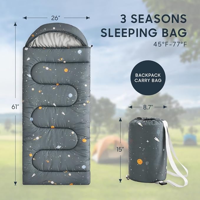 Wake In Cloud - Kids Sleeping Bag for Boys Toddlers Camping in Warm Cold Weather Backpacking Lightweight Compact Outdoor Liner for 3 Seasons Galaxy Space