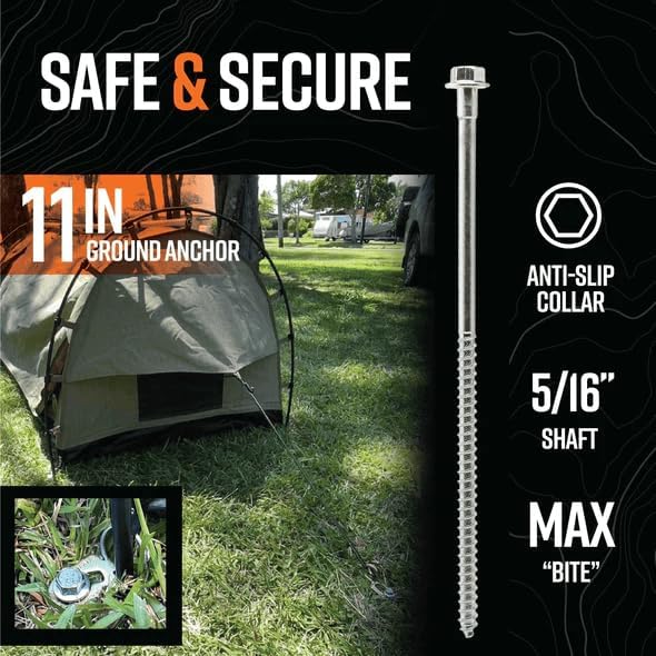 GroundGrabba Junior Stake Kit | Heavy Duty Screw-in Ground Anchors for Tents Outdoor Camping and Backpacking | 4 Stakes The Fang (4) Pigtail (4) 15mm Hex Driver (1)