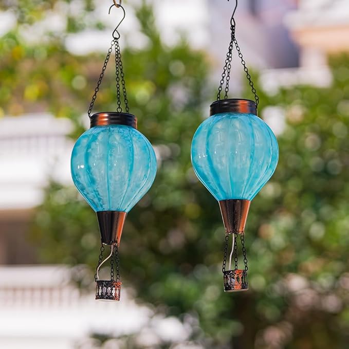 2 Pack Glass Hot Air Balloon Solar Lantern Outdoor Waterproof Hanging Solar Hot Air Balloon Lantern with Flame Solars Lights Decor for Garden Yard Patio Porch(Blue)