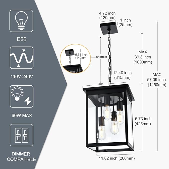TODOLUZ Large Outdoor Pendant Light Fixtures 4-Lights Black Exterior Ceiling Hanging Lanterns with Clear Glass Farmhouse Outdoor Chandelier for Front Door Entry Patio