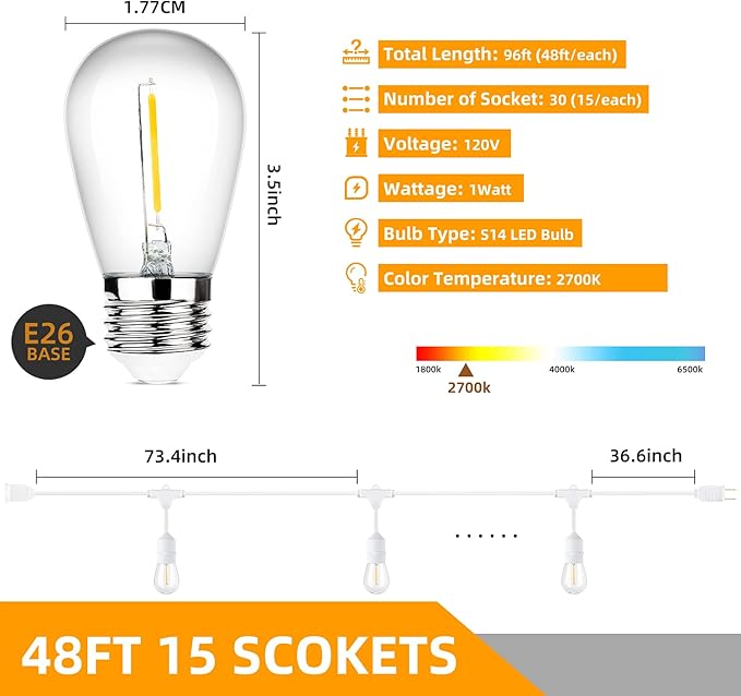 96FT(48×2) Outdoor String Lights Commercial Grade Heavy Duty White Wire Patio Light with Dimmable S14 Shatterproof LED Bulbs Linkable Waterproof Bistro Lights for Outside Deck Backyard Cafe Market