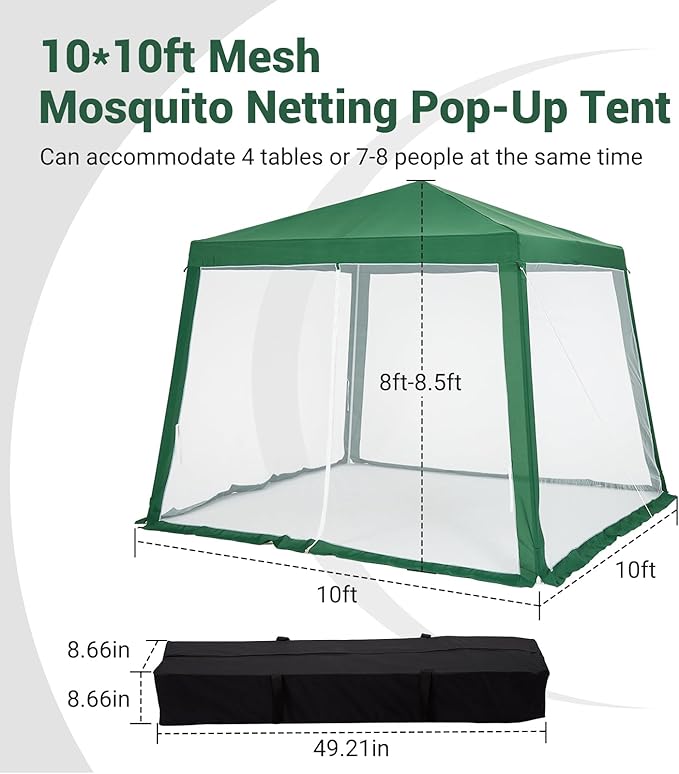 10x10ft Easy Pop-Up Canopy Outdoor Screen Tent with Mesh Mosquito Netting Side Walls Pop Up Tent Waterproof Outdoor Screen Shed for Camping Picnic Party Deck Yard Events