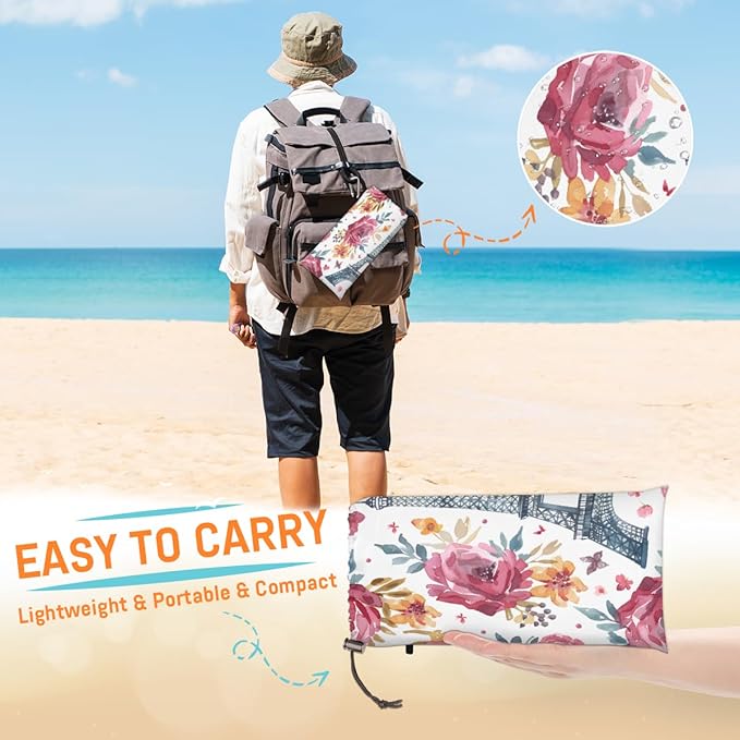 Waterproof Sandproof Beach Blanket 59''×68'' Paris Polyester Outdoor Picnic Blanket with 4 Stakes &amp Storage Bag for BeachCampingVacation White &amp Red