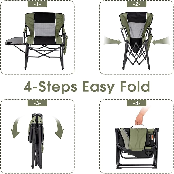 Wide Folding Director Chair with Table Outdoor Camping Chair for Adults with Cup Holder Load 330 Lbs Portable Lightweight Chair for Outside with Carry Bag for Patio Green-2Pack