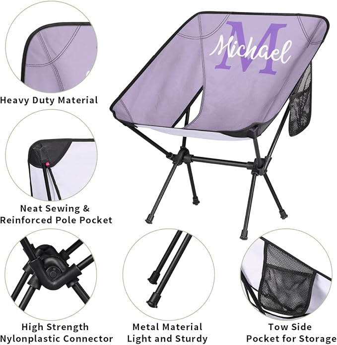 Custom Light Purple Portable Camping Chair Personalized Backpacking Chair with Name Lightweight Foldable Chairs for Hiking Beach