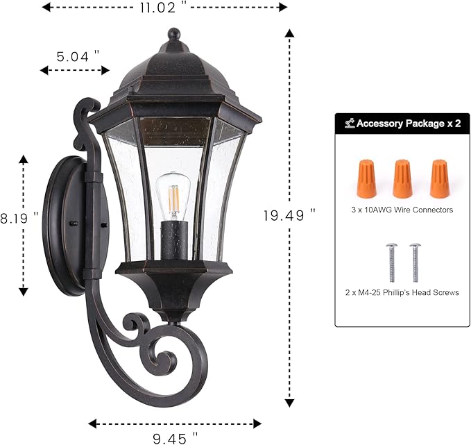19.5in Large Outdoor Wall Light Fixture for Porch Bronze Aluminum Exterior Door Lantern Light with Wall Mount Outside Wall Sconce with Clear Seeded Glass