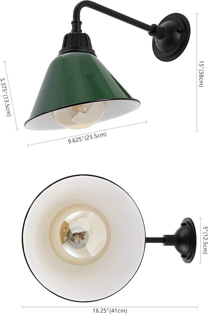 JONATHAN Y 9.63 Green/Black 1-Light Farmhouse Outdoor Sconce Industrial LED Wall Light Gooseneck Arm Barn Lamp with Metal Bell Shade for Porch Patio Kitchen LED Bulb Included (JYL7612F)