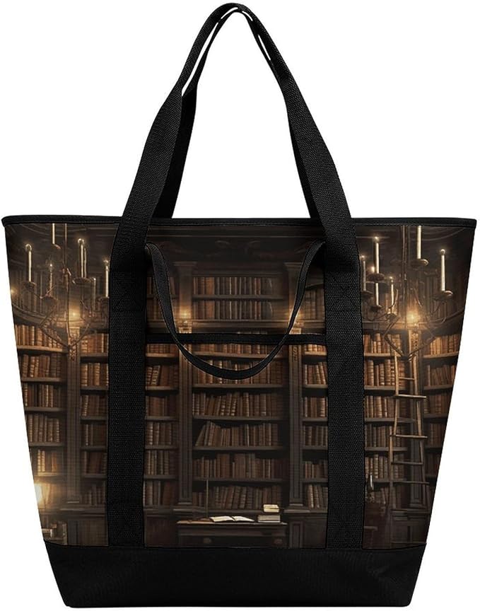 Insulated Shopping BagLarge Reusable Cooler Bags Book Room Mysterious Library Printed Foldable Shopping BagTravel Waterproof Shoulder Bag
