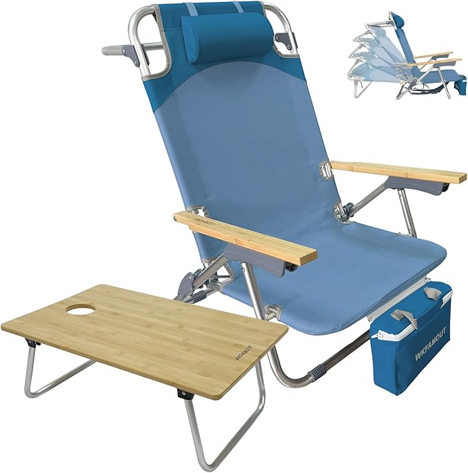 Folding Backpack Beach Chair for Adults &amp Teens Aluminum 5-Position Lay Flat Lounge Chair with Camping Bamboo Table 200LBS Beach Reclining Chair Outdoor with Cooler Bag Blue