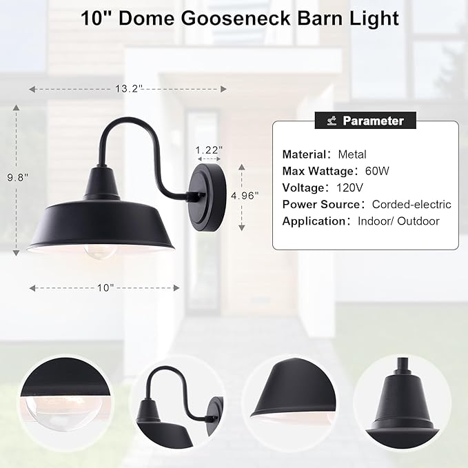 Matte Black Outdoor Gooseneck Barn Light for Porch 10 Inch Dome Farmhouse Exterior Wall Lighting with Wall Mount Outside Wall Sconce Light Fixture for House Porch Garage