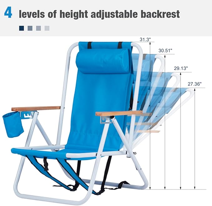 1Pcs Folding Beach Chair Set for Adults4 Position Portable Backpack Foldable Camping Chair with Headrest Cup Holder and Wooden ArmrestsAdjustable high Beach Lounge Chairs for Outdoor (1PcsBlue)