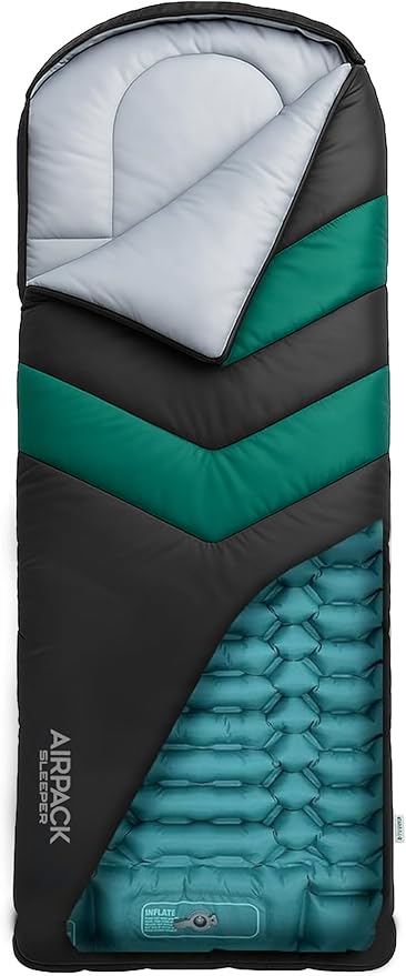 Sleeping Bag with Built-in Pad (AirPack Sleeper) - All-in-One Inflatable Sleeping Pad and Zip-Up Blanket for Camping with Built-in Foot Pump (Black/Green) 80×30