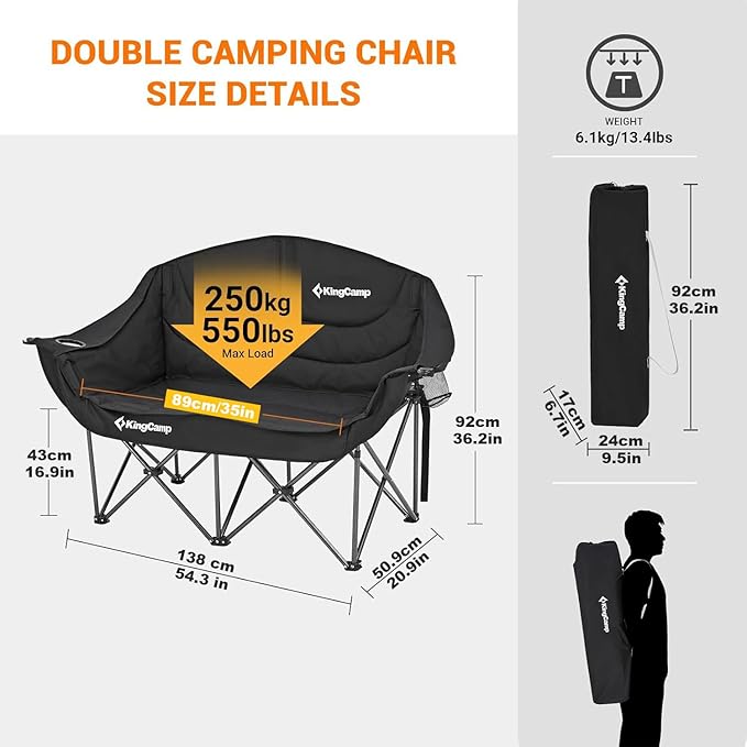 KingCamp Double Camping Chair Oversized Heavy Duty 550lbs Loveseat for Adults Portable Folding XL 2 Person Couch Padded Comfortable Two Seat with Cup Holder for Outdoor Lawn Backyard Black