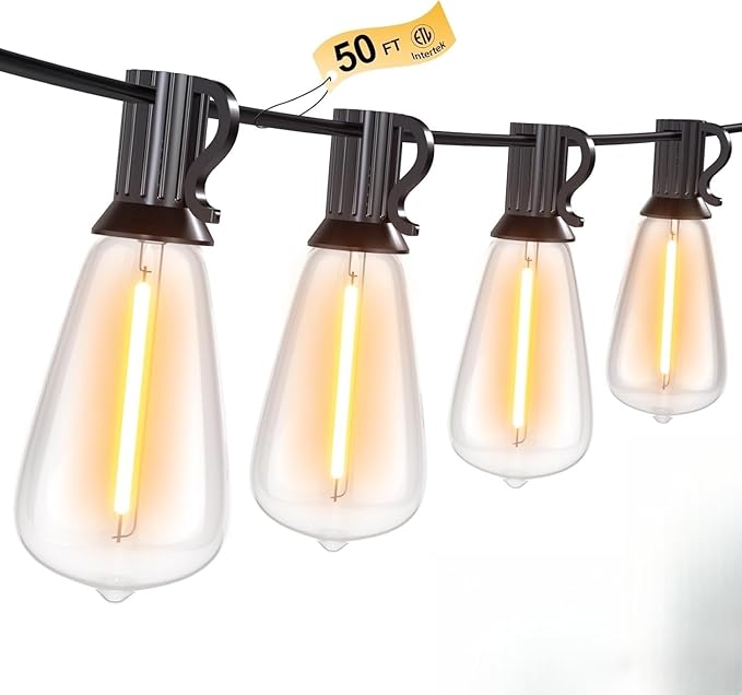 50FT Outdoor String Lights Waterproof Patio Lights with Shatterproof ST38 Vintage Edison Bulbs Connectable Outside Hanging Lights for Backyard Porch Deck Balcony Garden 2500K Dimmable