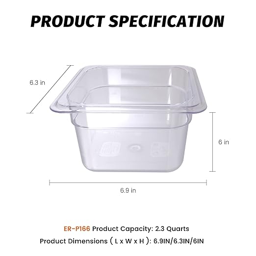 6-Pack 6-Inch Deep Clear Polycarbonate Food Pans - 1/6 Size Commercial Hotel Pans (6.9 x 6.3) 2.3 Qt Capacity NSF Certified for Restaurants Hotels &amp Catering