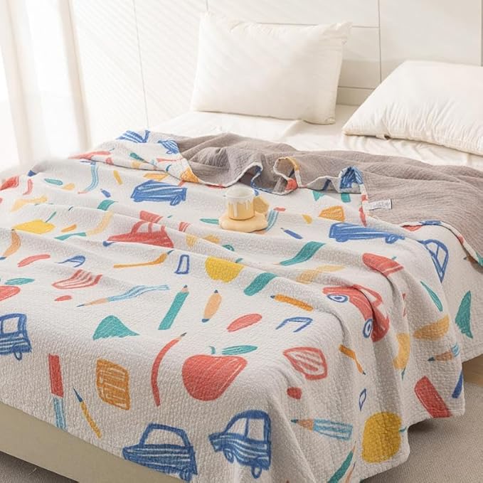 Bnitoam School Season 100% Cotton Bed Blanket Twin Size 60x80 3 Layer Muslin Blanket Pencil School Bus Cooling Breathable Lightweight Summer Gauze Throw for Kids (Print School 60x80)
