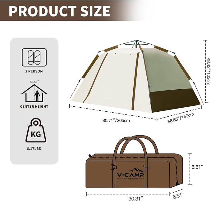 2 Person Instant Pop Up Tent Camping Tent Easy Setup Integrated Sunshade Awning Waterproof for Outdoor Hiking Beach