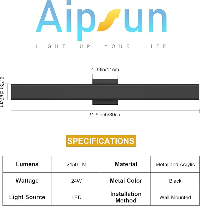 Aipsun 2 Packs Outdoor Wall Sconce 3000K 4000K 6000K 31.5in Modern Black Exterior Light Long LED Linear Wall Light Outside Lighting for Entrance Hallway Garage Porch(3CCT)