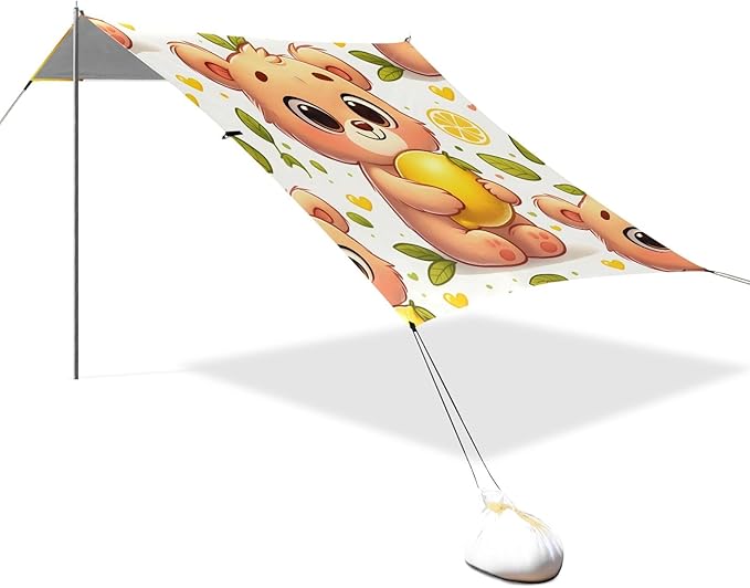 Cartoon Bear Camping Sun Shelter Beach Tent Portable Beach Sun Shade Outdoor Canopy for Camping Trips Fishing Picnic