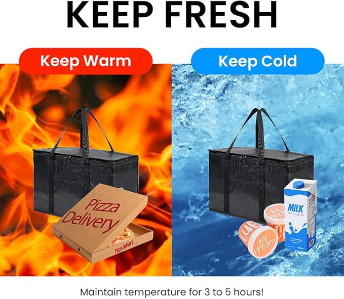 NZ home Insulated Bags for Food Delivery (2XL PRO) Grocery Shopping Cooler Bag Pizza Delivery Hot &amp Cold Catering Tote Reusable Foldable &amp Heavy Duty (2 Pack Black)