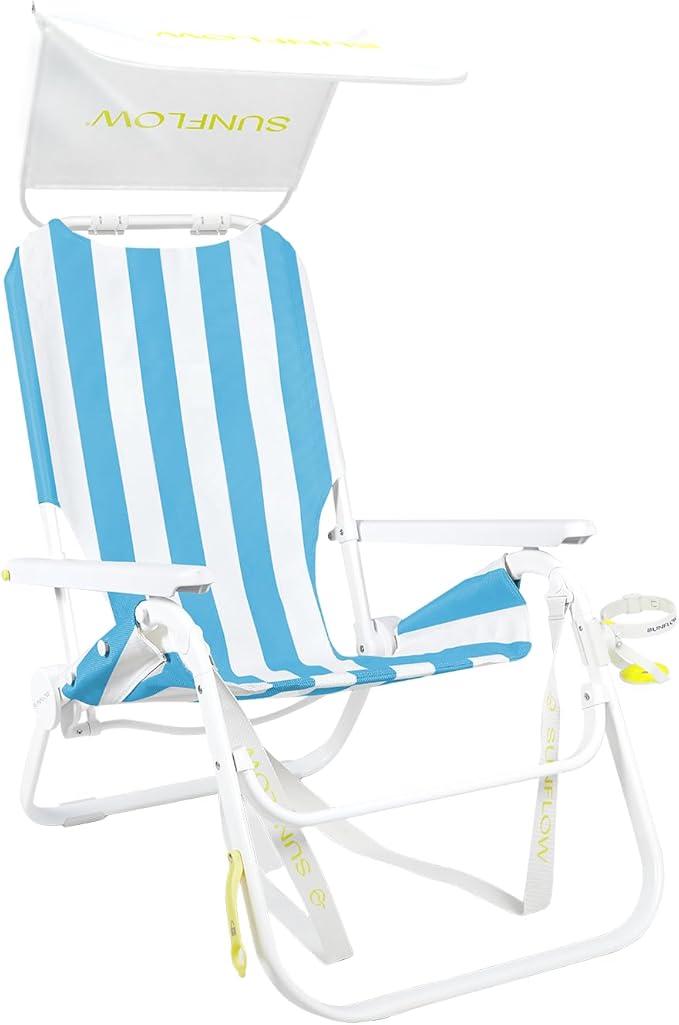 SUNFLOW Shore Thing Premium Beach Chair - Adjustable Portable Rust-Resistant Reclining Beach Chair with UPF 50+ Sun Shade and Drink Holder for The Ultimate in Comfort (Sky Blue Stripe)