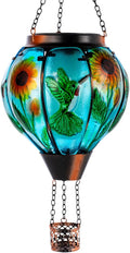 Hummingbird and Sunflower Solar Hot Air Balloon Lantern with Flame Glass Hot Air Balloon Solar Lantern Outdoor Waterproof Hanging Solar Lantern for Outside Garden Patio Tree Porch Yard