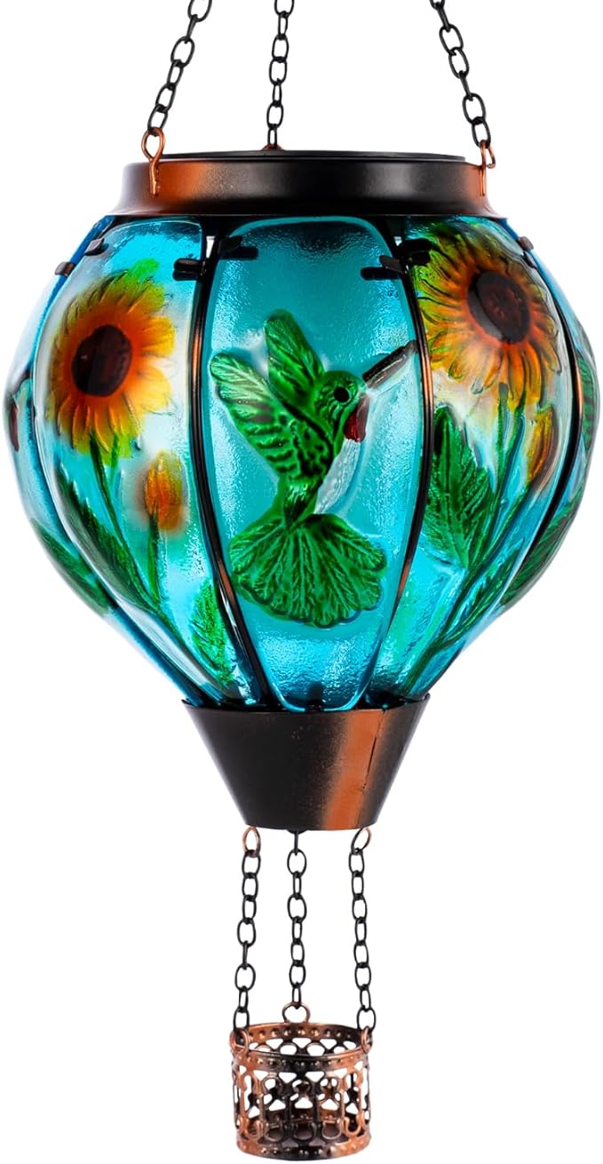 Hummingbird and Sunflower Solar Hot Air Balloon Lantern with Flame Glass Hot Air Balloon Solar Lantern Outdoor Waterproof Hanging Solar Lantern for Outside Garden Patio Tree Porch Yard