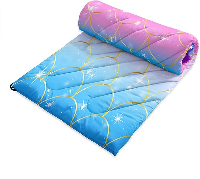 Axolotl Mermaid Scales Outdoor Puffy Camping BlanketRainbow Portable Outdoor BlanketGlitter Starry Lightweight Camping BlanketSparkly Waterproof Backpacking for Traveling PicnicBluePink
