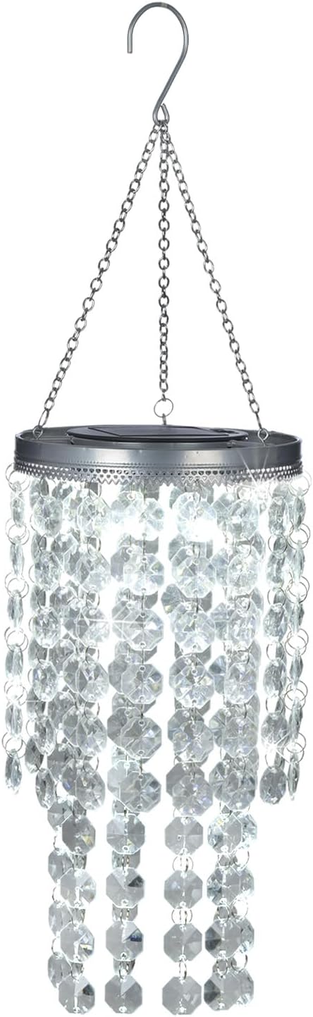 Hanging Solar Crystal Chandelier Outdoor 21” Modern Solar Transparent Acrylic Beaded Lantern with Cool White LED S Hooks for Garden Yard Patio Gazebo Outside Decor