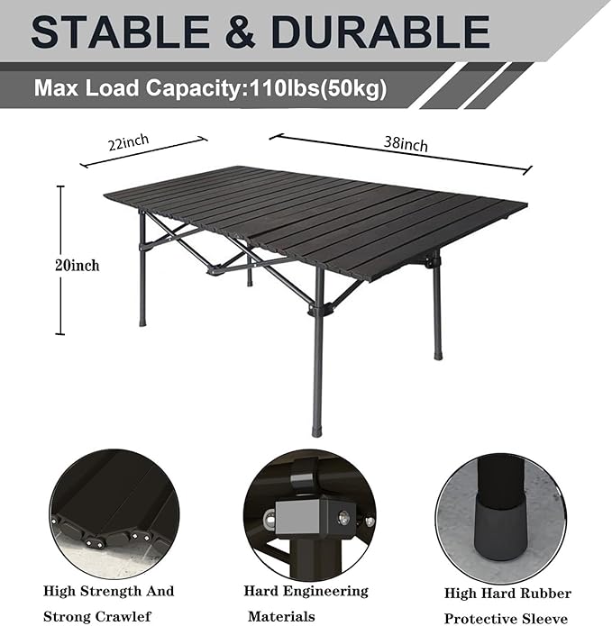 Camping Table Lightweight Foldable Medium 1-4 Person Portable Camp Table OutdoorPicnic Backyard BBQ Party Patio Beach with Aluminum Roll Up Tabletop Carry Bag (Black)
