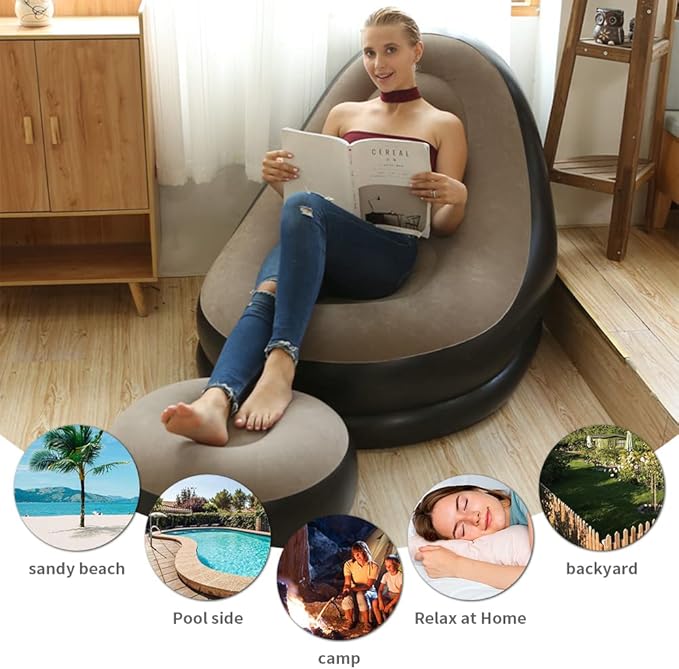 STARBRILLIANT Inflatable Living Room Furniture Chair with Stool for Resting Feet Indoor Foldable Deck Chaise Lounges with Air Pump Travel Camping Picnic Beach Chair(Brown)