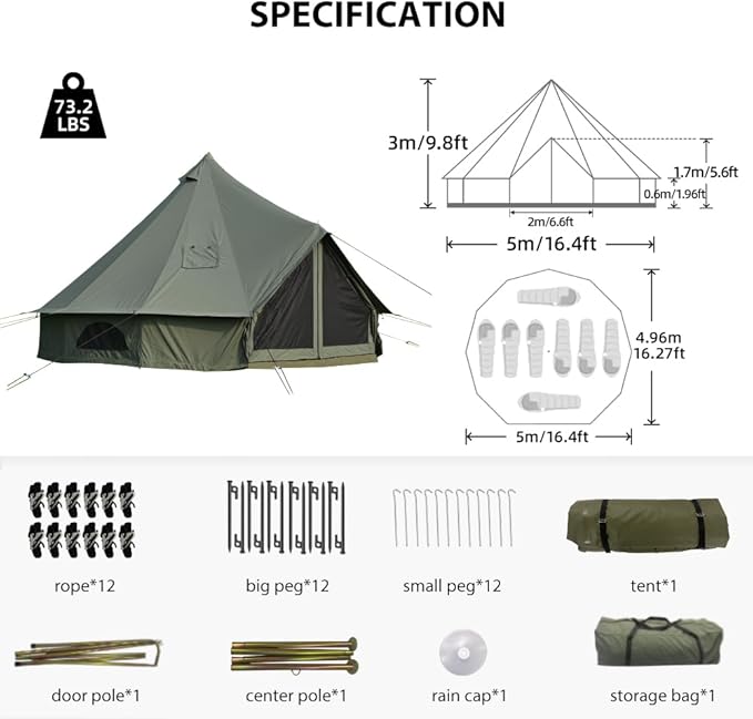 Cotton Canvas Bell Tent with Stove Jack Roomy Yurt for Family Glamping Camping 4 Season Tent with Zipped Removable Floor