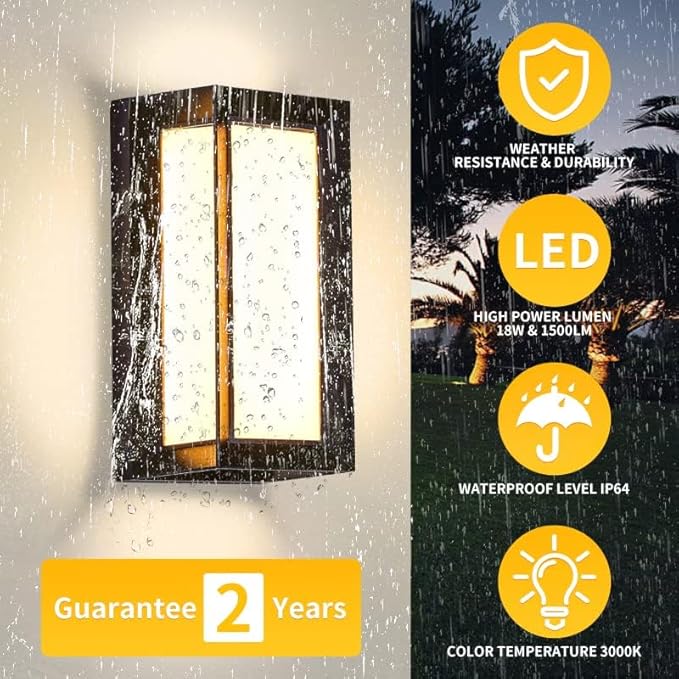 LED Modern Outdoor Wall Light 18W Rectangular1800LM Bright Porch Lights3000K Warm White Exterior Sconce LightingIP65 Waterproof for House Front Door Patio Backyard Hallway 2 Pack Black