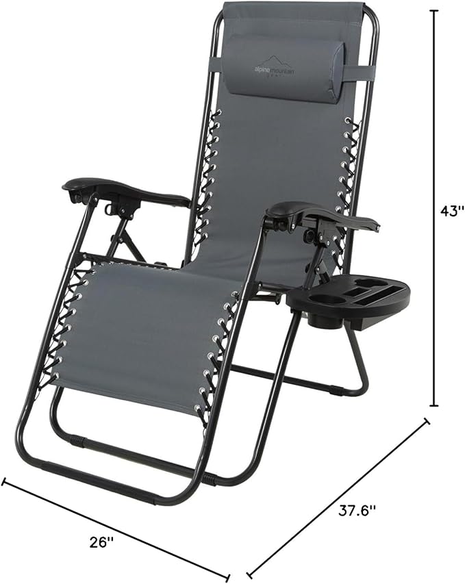 Heavy Duty Zero Gravity Chair with Adjustable Reclining Large Side Table Gray 600D Polyester Powder-Coated Steel Frame 300 lbs Capacity