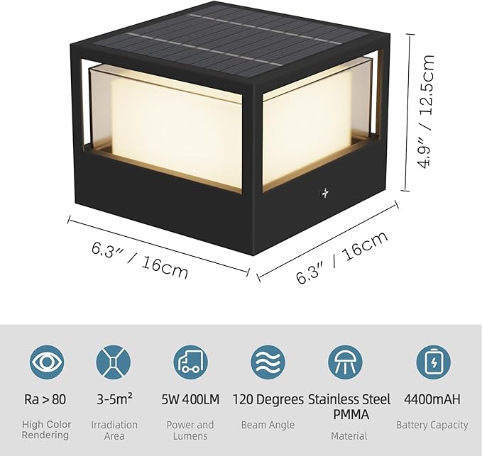 Solar Post Light Dusk to Dawn Solar Lamp Post Light Ip65 Waterproof Pillar Lights Outdoor 6.3 3000k Aluminum for Garden Patio Yard Decoration Up to 12 Hours Black