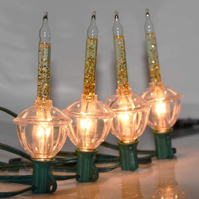 SUNSGNE Christmas Bubble Lights 8.8Ft Vintage Bubble Lights with 10 Gold Glitter Bulbs(1 Spare) C7/E12 Candelabra Base Gold Christmas Light Green Wire
